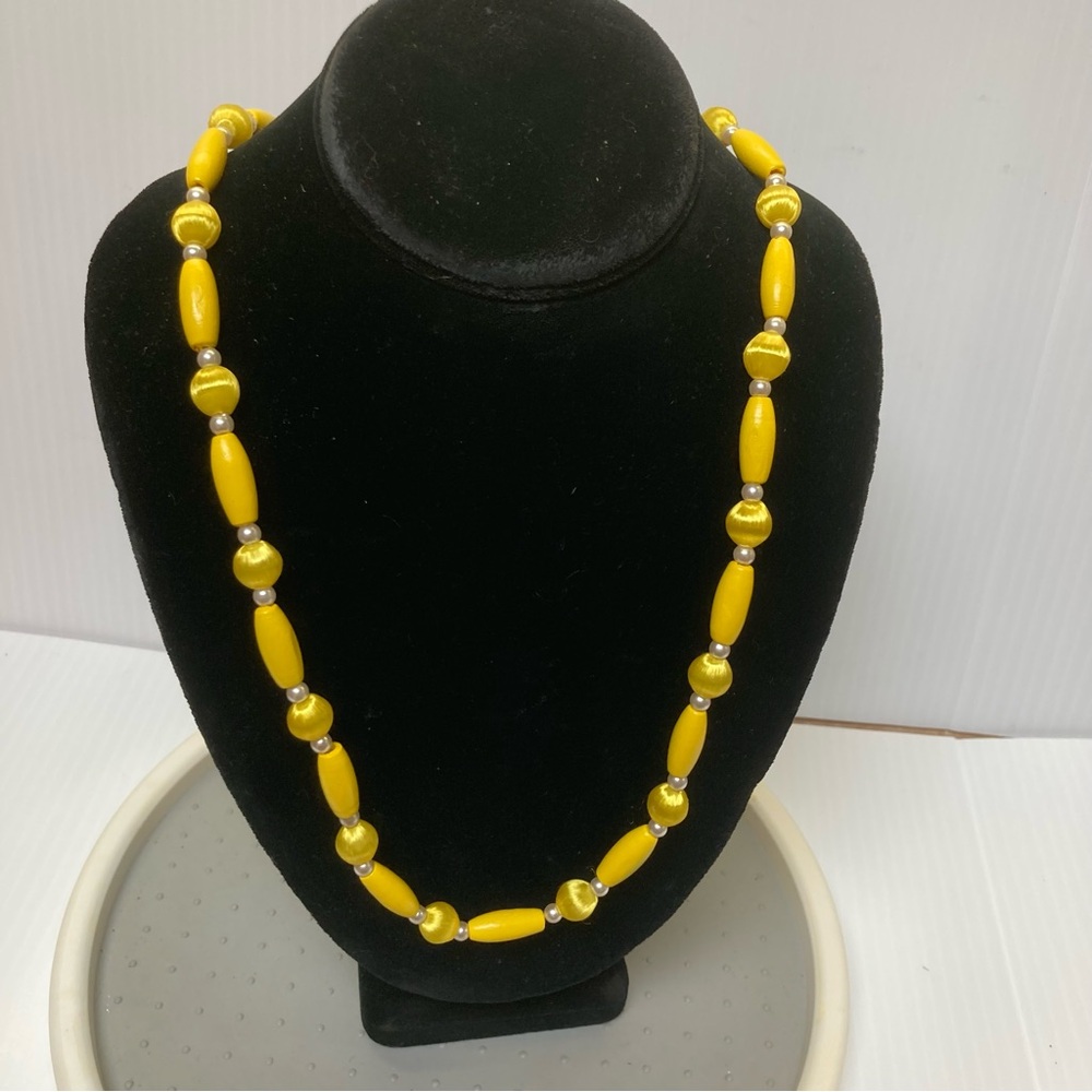 SATIN Beads Vintage Yellow Wood Oblong Beads Faux Mini Pearl Beads 26 in
